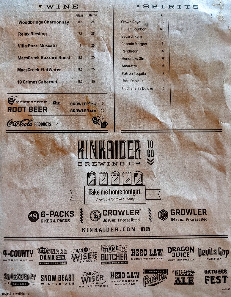 Kinkaider Brewing Co drinks menu 2