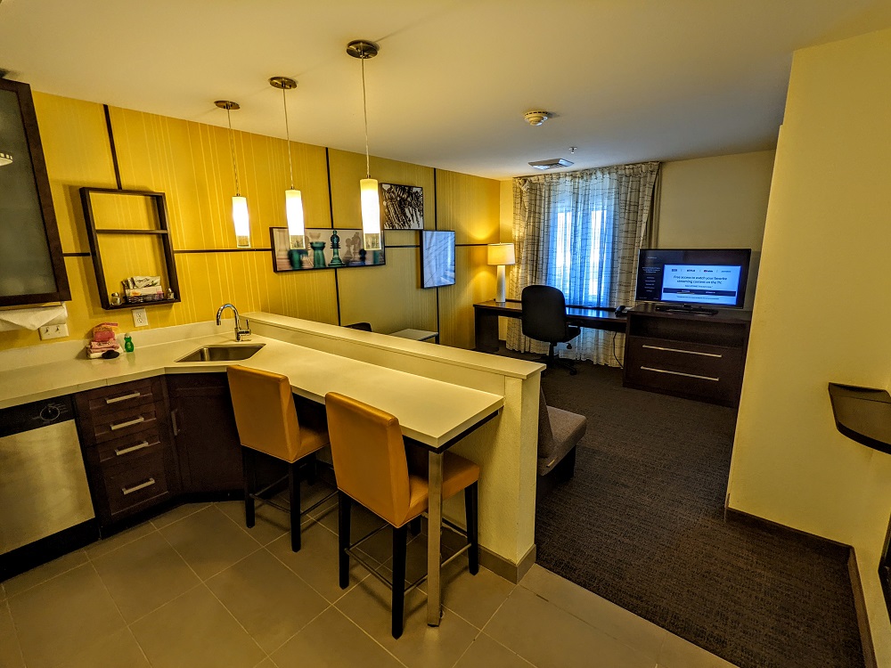 Kitchen & living room of our 1 bedroom suite at the Residence Inn Des Moines Downtown