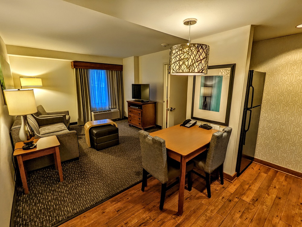 Living room & kitchen of our 1 bedroom suite at the Homewood Suites Omaha Downtown