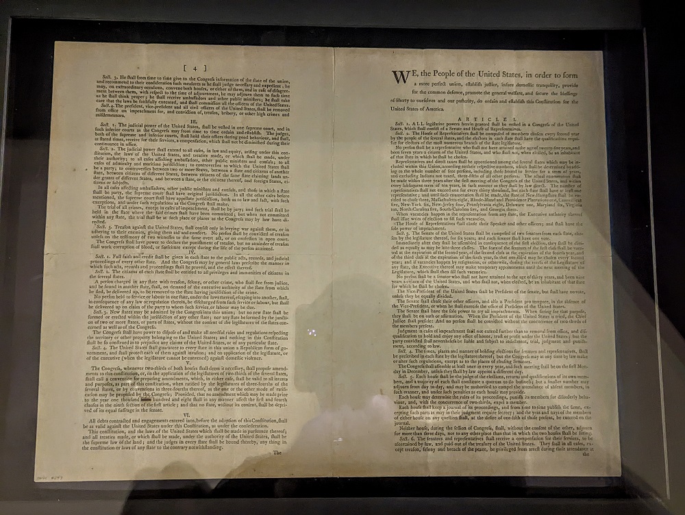Original printed copy of the U.S. Constitution at Independence Hall in Philadelphia