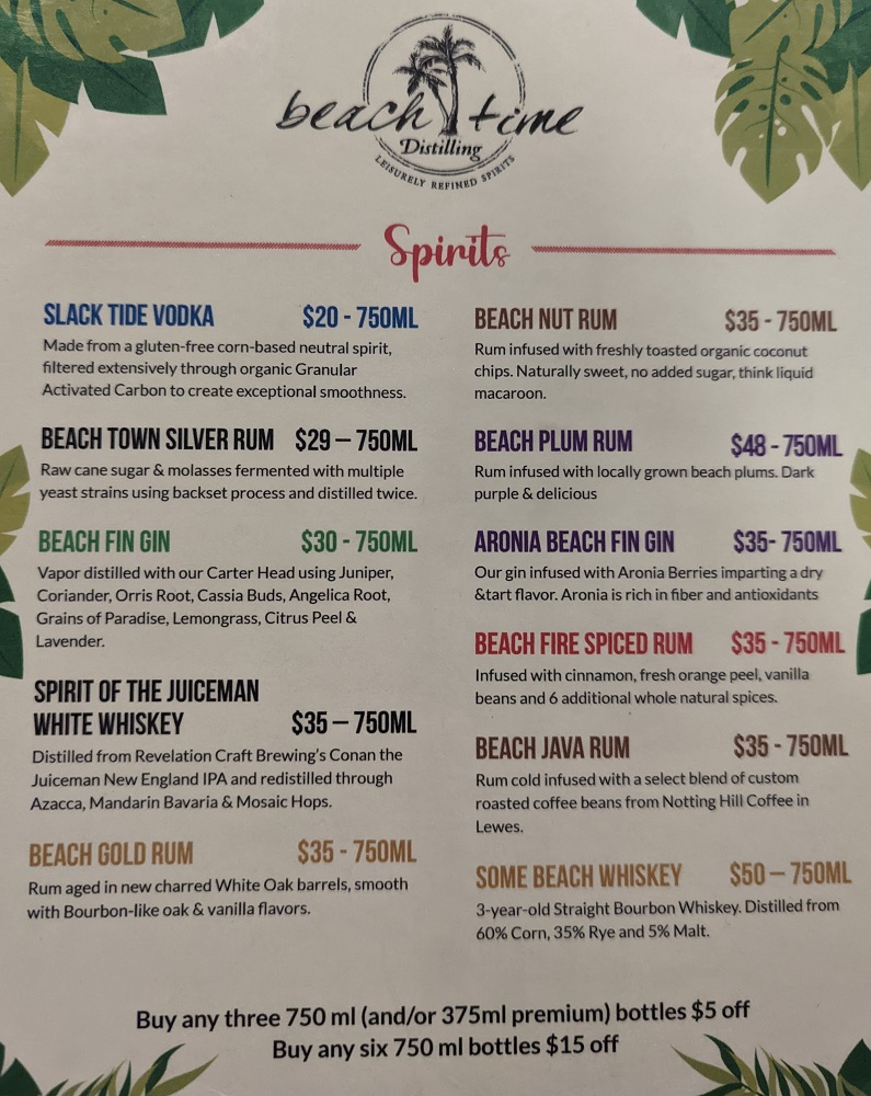 Beach Time Distilling spirits menu