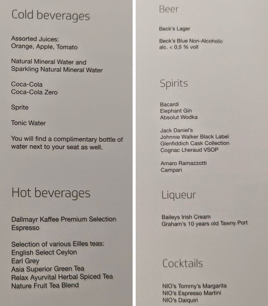 Eurowings Discover business class FRA-MRU - Soft drinks, beer, spirits, liqueur & cocktails