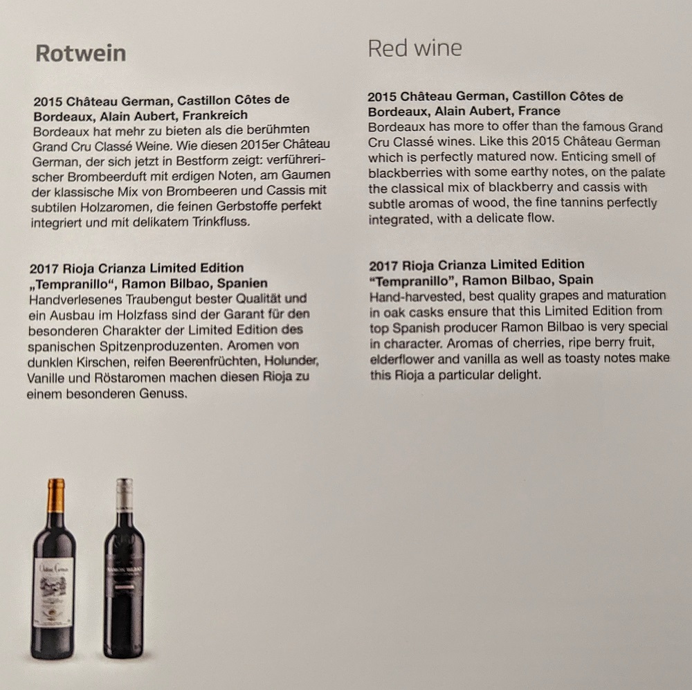 Eurowings Discover business class - Wine menu 2
