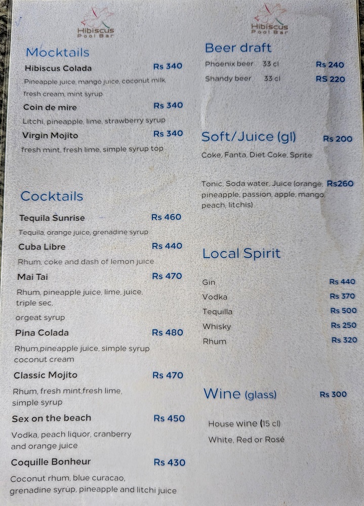 Hilton Mauritius Resort & Spa - Hibiscus bar menu