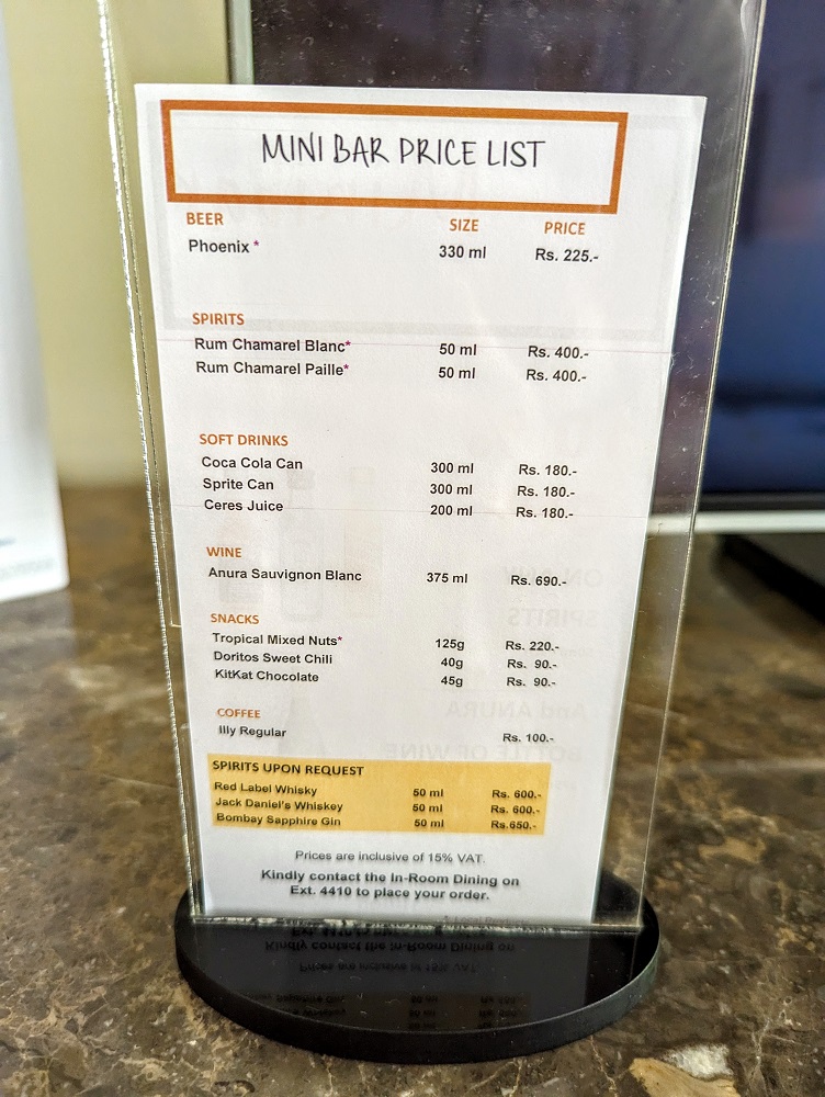 Hilton Mauritius Resort & Spa - Mini bar pricing