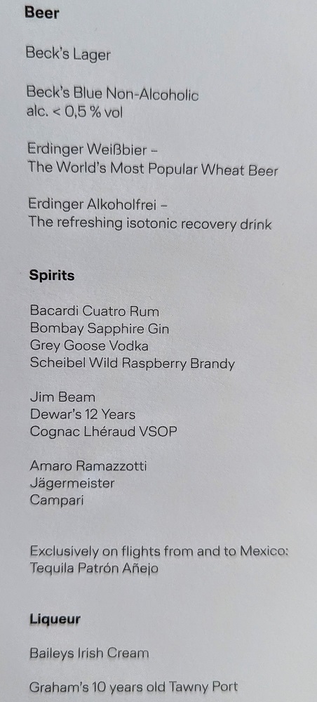 Lufthansa business class DFW-FRA - Beer, spirits & liqueur menu