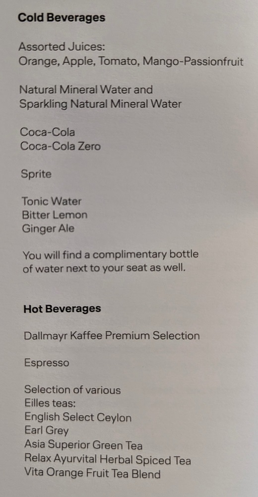 Lufthansa business class DFW-FRA - Soft drinks menu