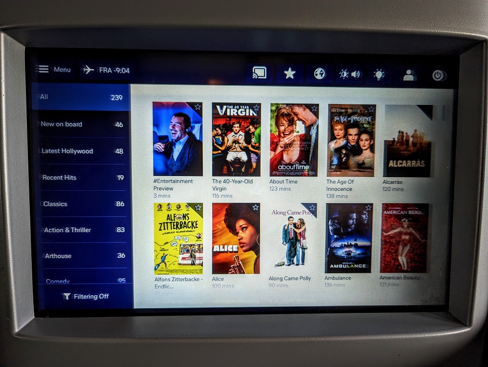 Lufthansa business class DFW-FRA - Some of the movie options