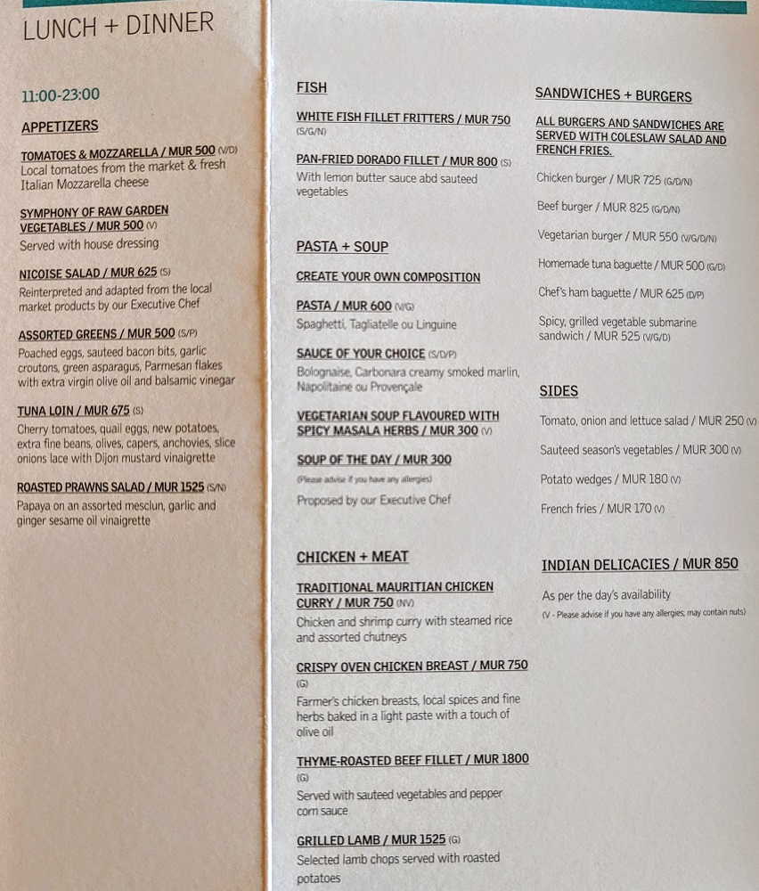 Le Méridien Ile Maurice (Mauritius) - Room service lunch & dinner menu 1