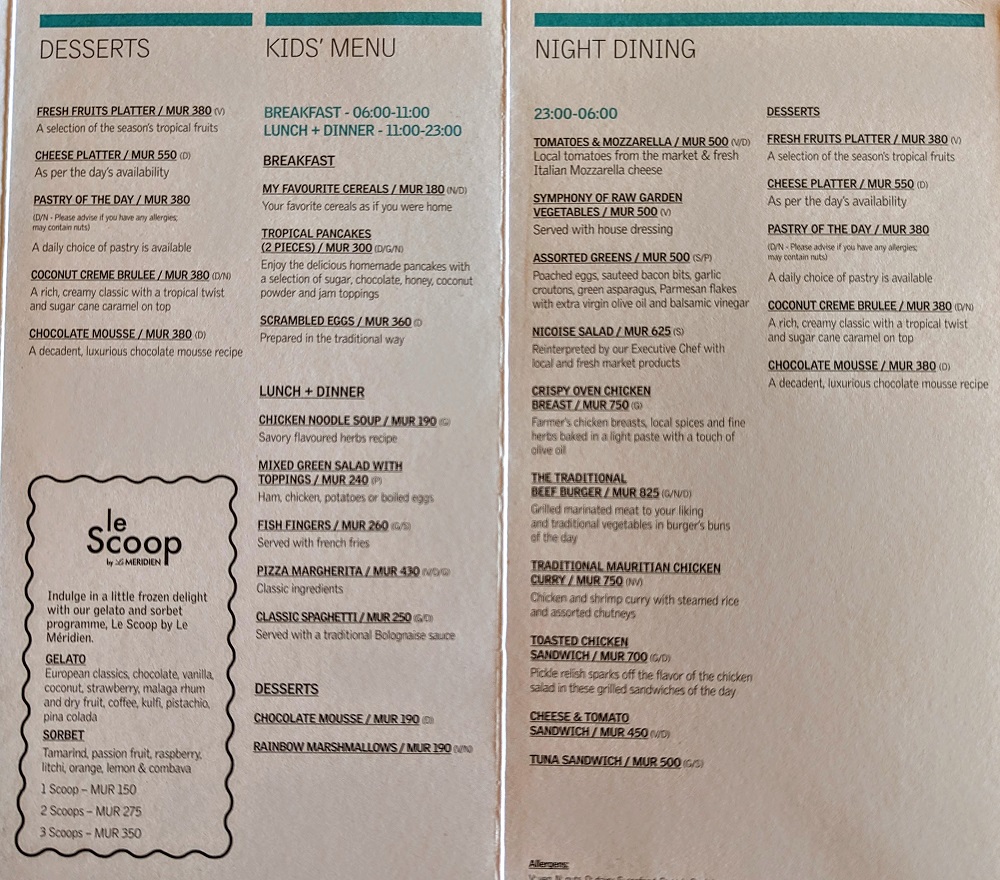 Le Méridien Ile Maurice (Mauritius) - Room service lunch & dinner menu 2