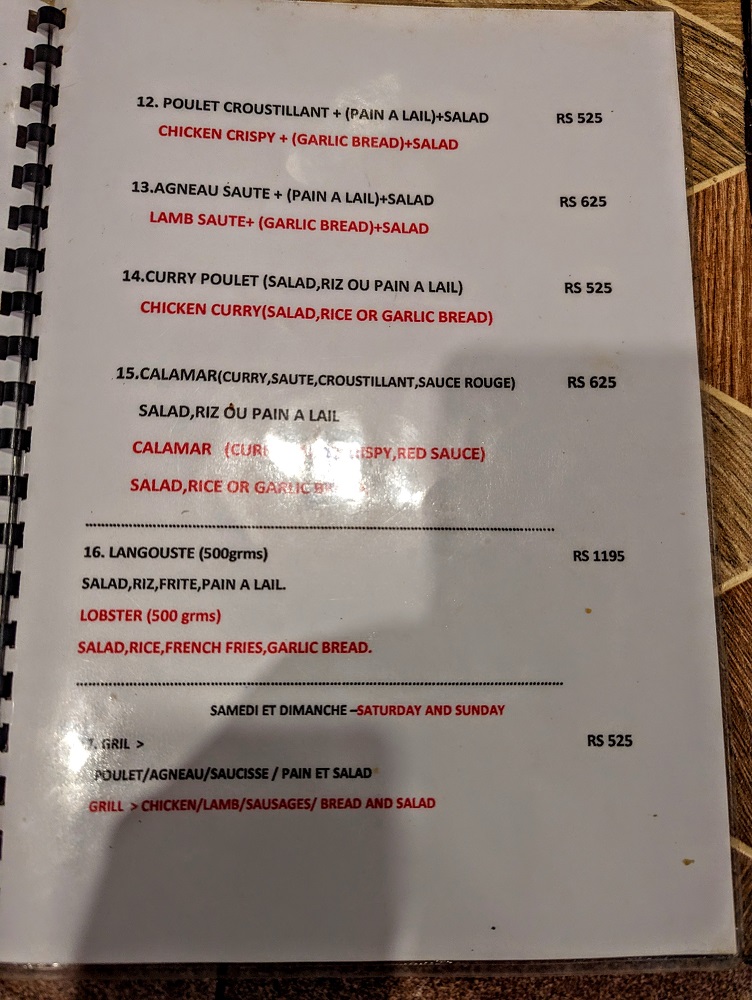 Sunset Filaos menu 3