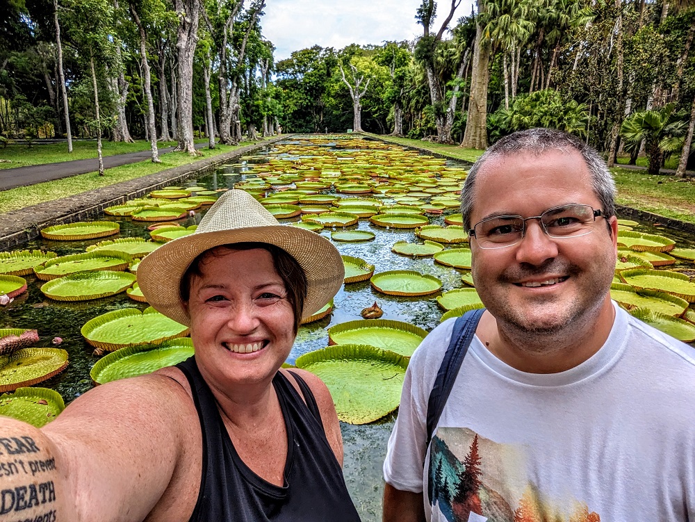 Us at the giant water lilies pond at Sir Seewoosagur Ramgoolam Botanical Garden, Pamplemousses