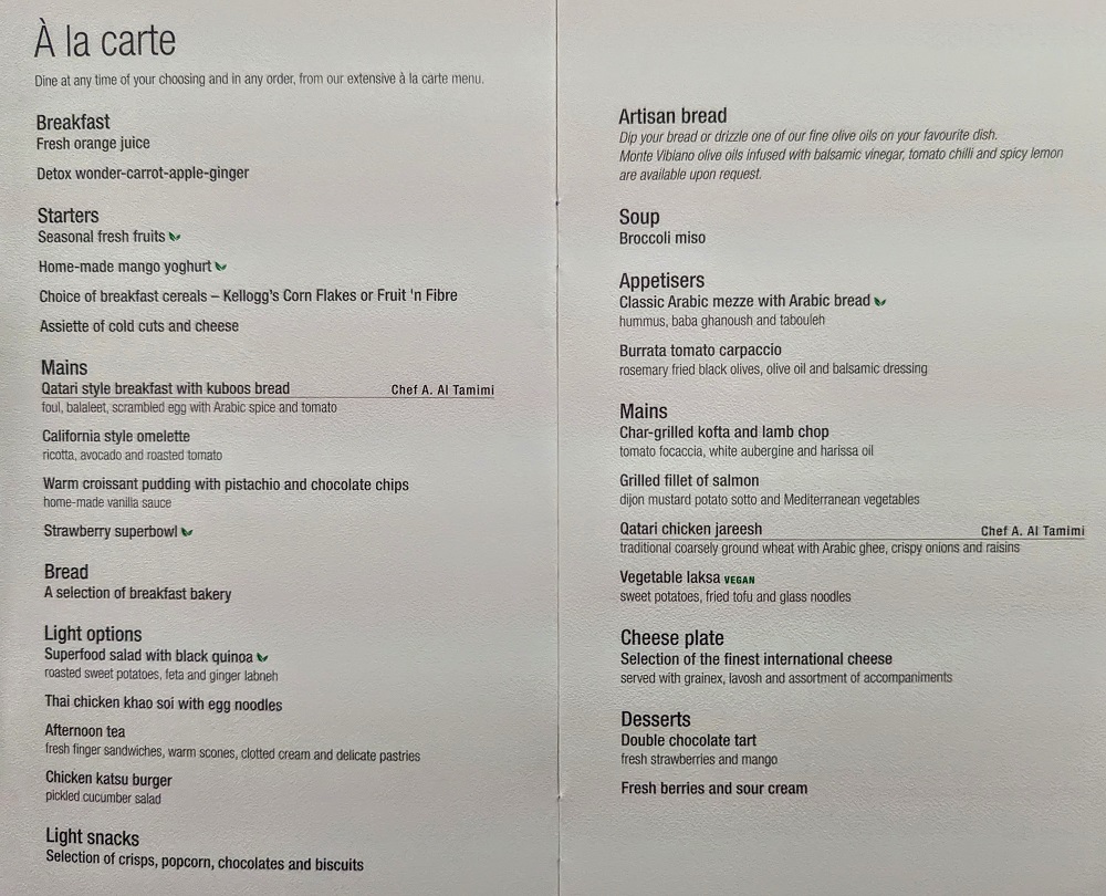 Qatar Airways Business Class Qsuites DOH-MIA - Food menu