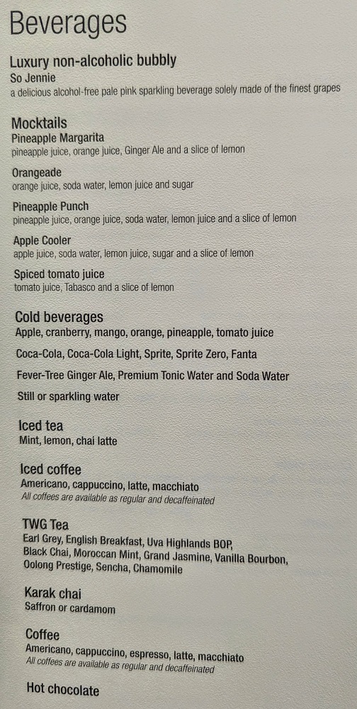 Qatar Airways Business Class Qsuites DOH-MIA - Soft drinks menu