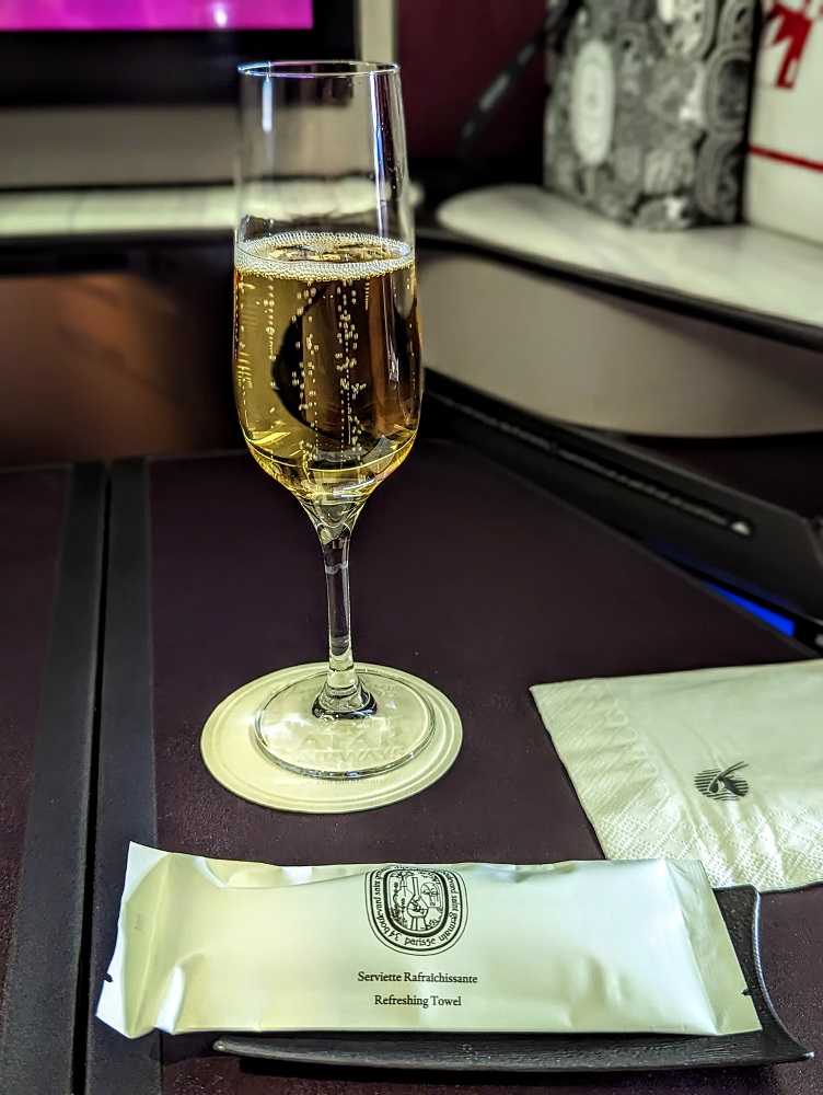 Qatar Airways Business Class Qsuites JNB-DOH - Laurent-Perrier champagne