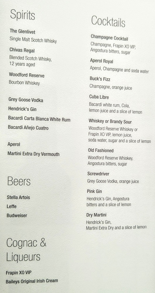 Qatar Airways Business Class Qsuites JNB-DOH - Spirits, cocktails & beer menu