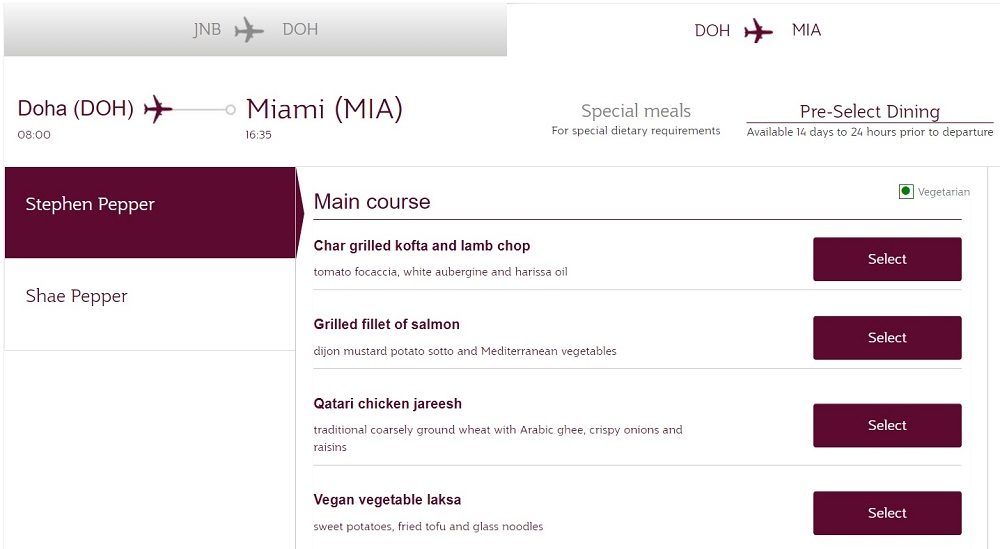 Qatar Airways pre-select dining (only available on DOH-MIA leg)