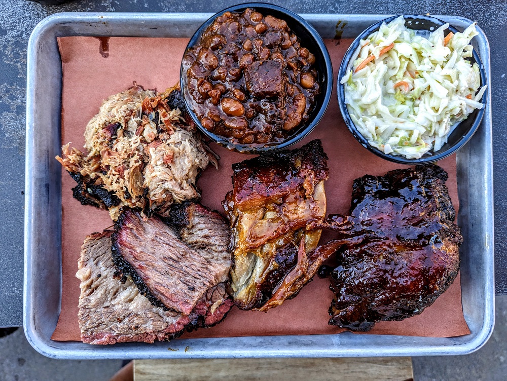 Three meat platter at Bear's Smokehouse BBQ