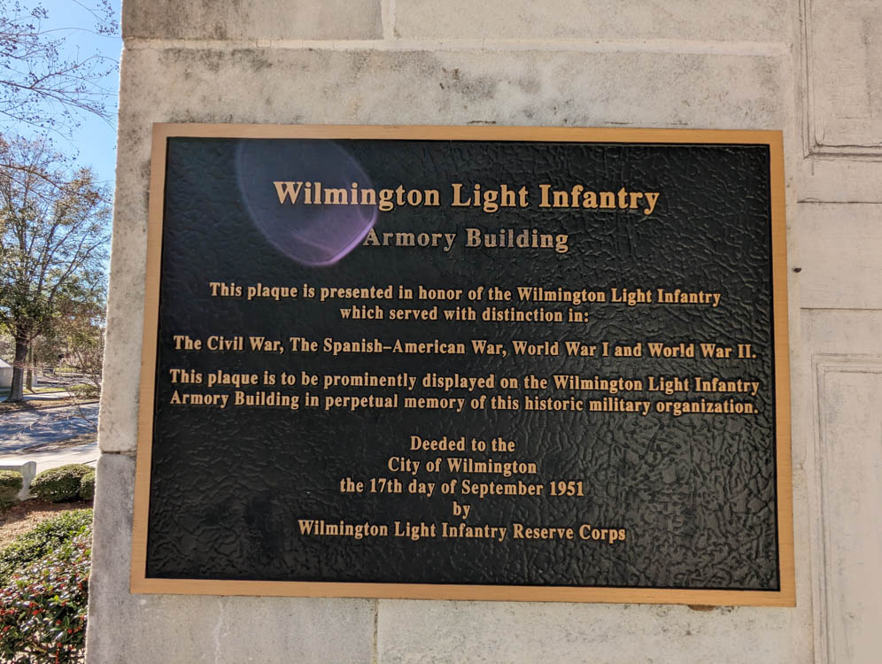 Plaque outside the Wilmington Light Infantry Armory Building