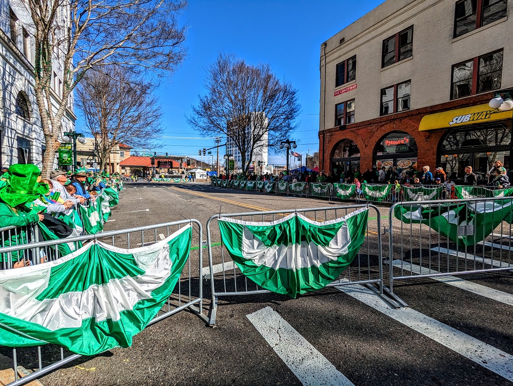 Bridge St in Hot Springs, AR ready for the World's Shortest St Patrick's Day Parade