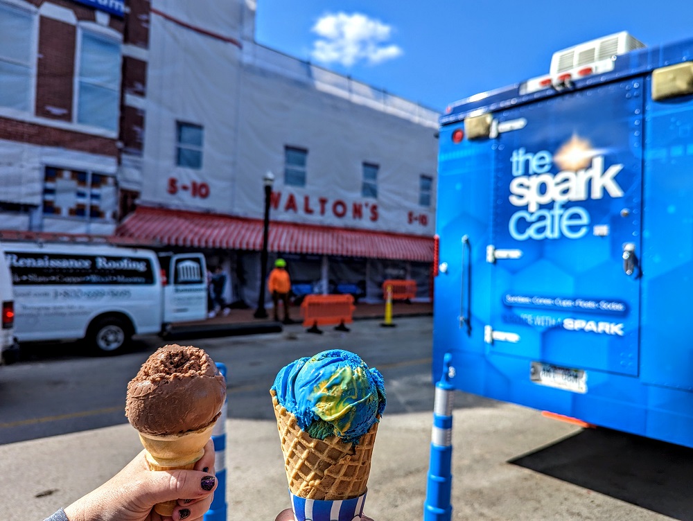 Chocolate ice cream and blue & yellow vanilla Walmart ice cream from The Spark Cafe