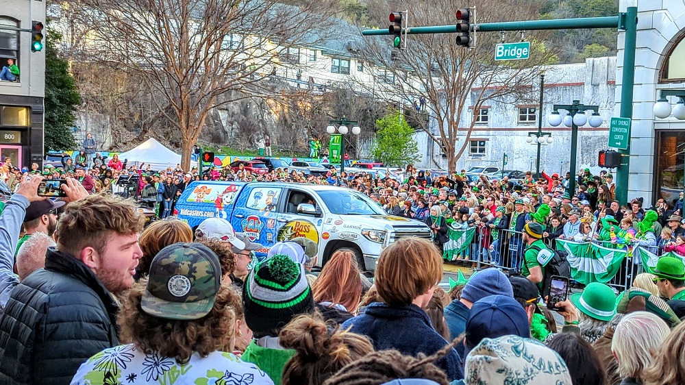 World's Shortest St Patrick's Day Parade in Hot Springs, AR - Paw Patrol float