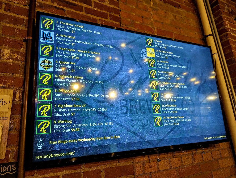 Beer menu at Remedy Brewing Co in Sioux Falls, SD
