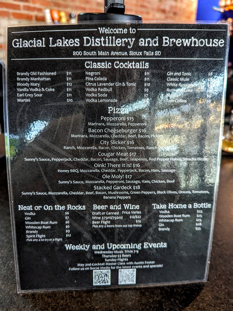 Glacial Lakes Distillery and Brewhouse drinks menu