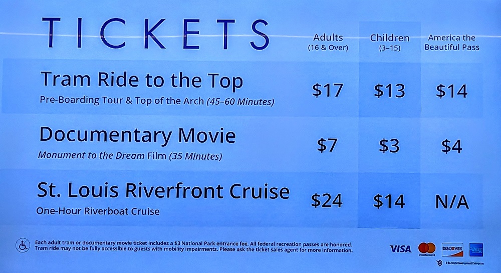St Louis Gateway Arch - Ticket prices for the tram, movie and riverboat cruises