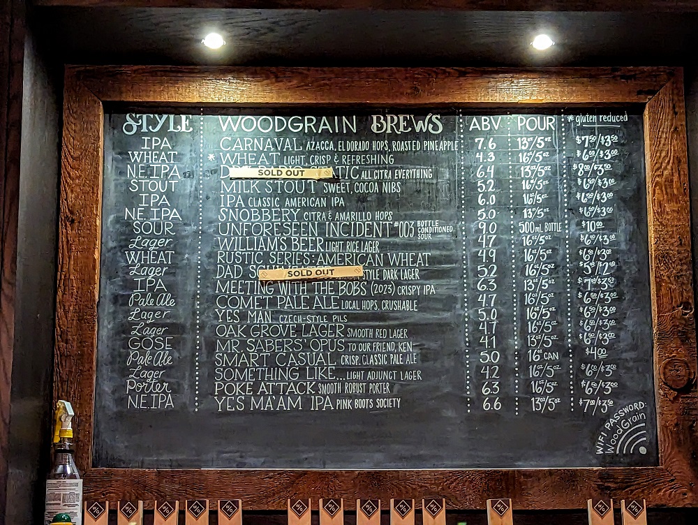 WoodGrain Brewing Co. beer menu