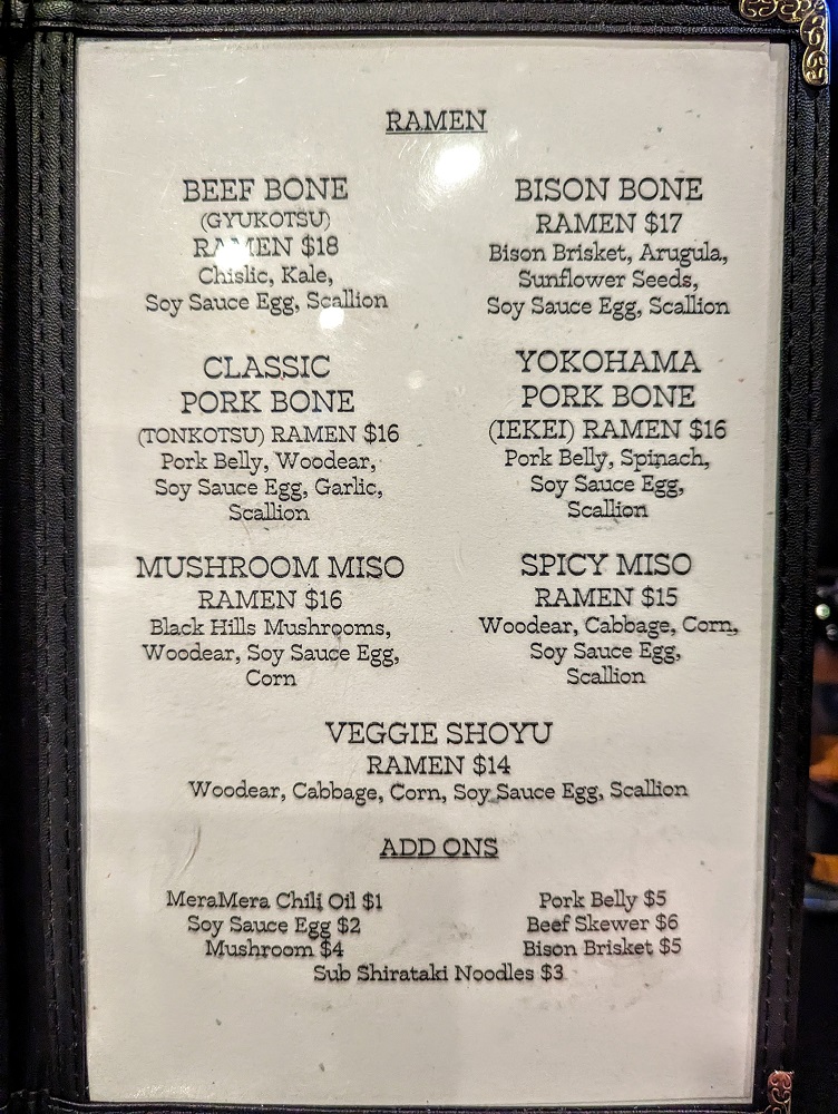 Bokujo Ramen in Rapid City, SD - Ramen menu