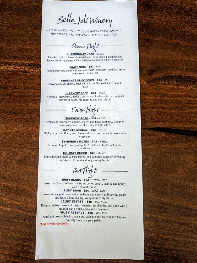 Belle Joli Winery flight tasting menu