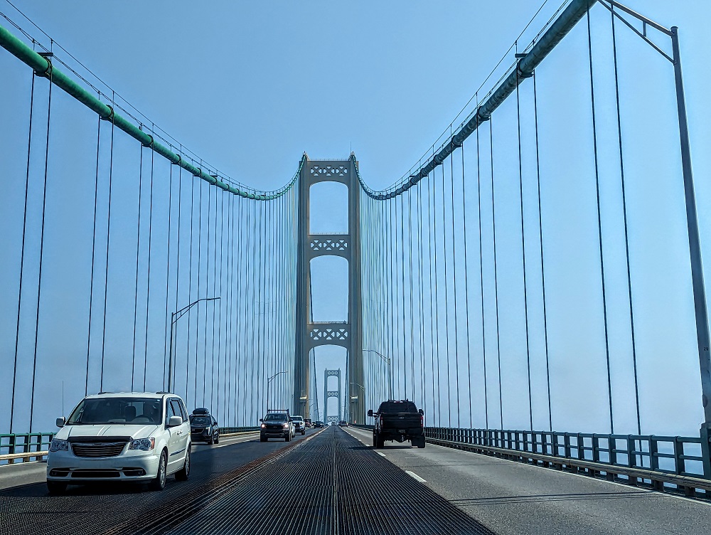 Driving across Mackinac Bridge