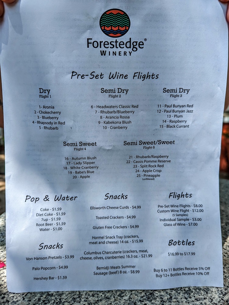 Forestedge Winery flight menu