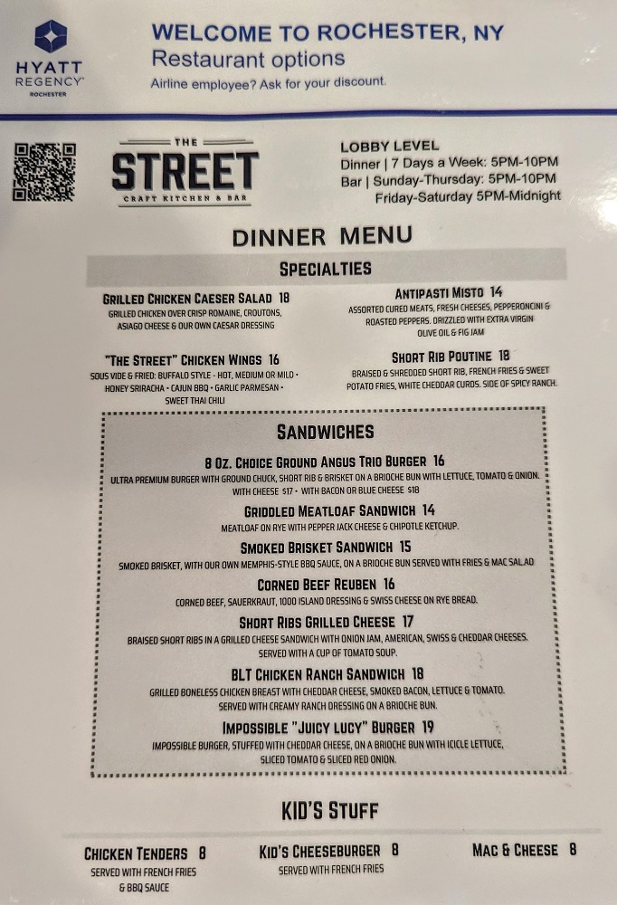 Hyatt Regency Rochester, NY - The Street Craft Kitchen & Bar dinner menu