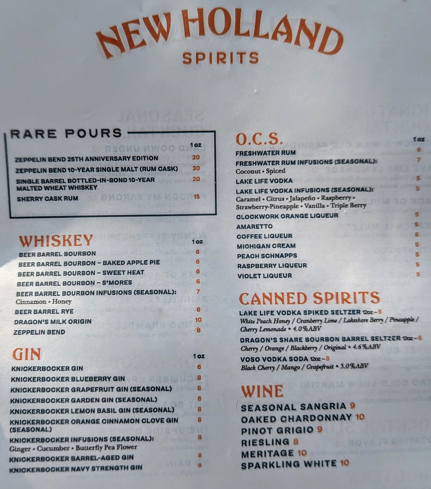 Whiskey menu at New Holland Spirits