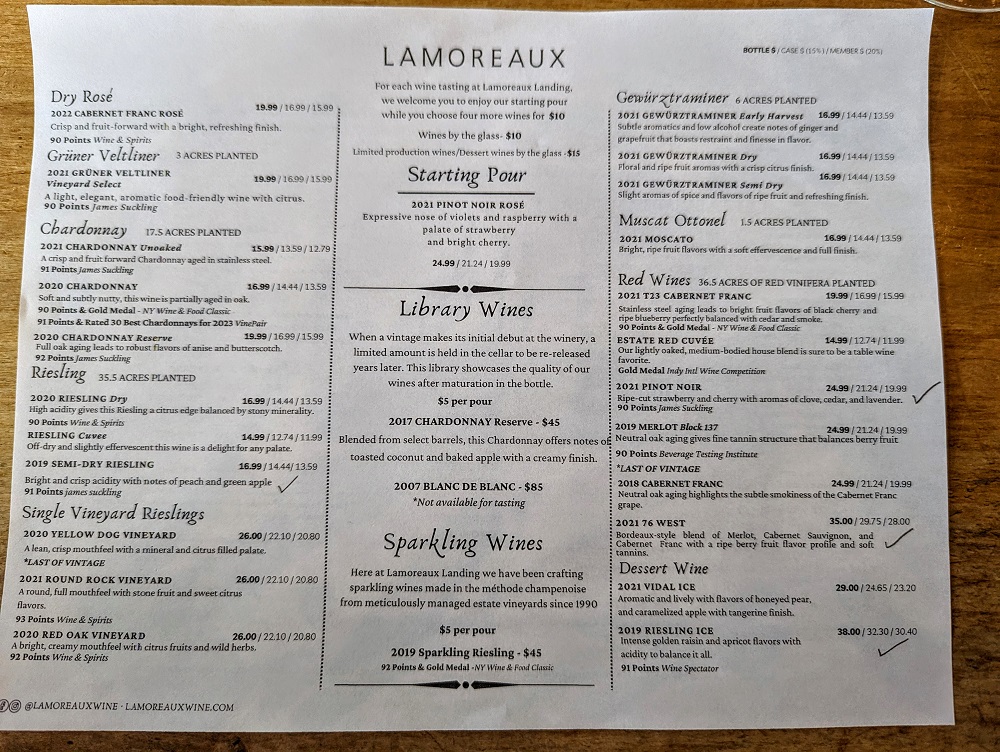 Lamoreaux Landing Wine Cellars in Lodi, NY - Wine tasting menu