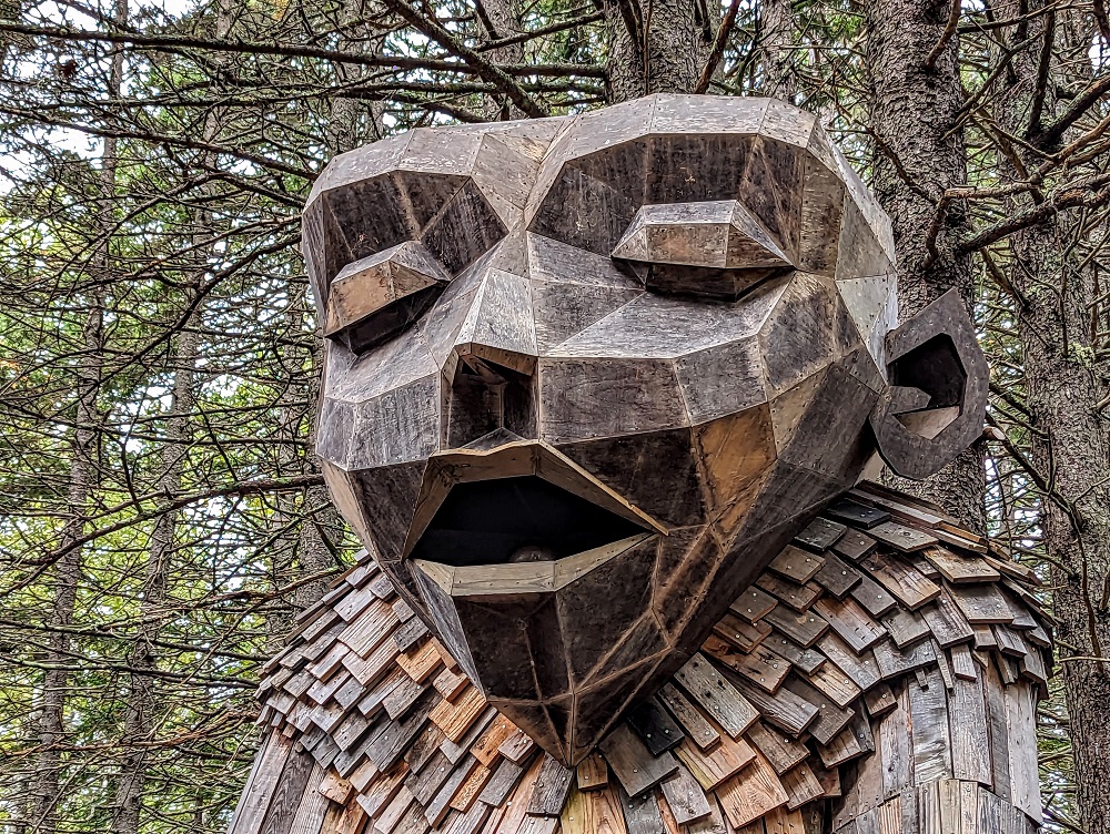 Gro's face - Thomas Dambo troll at Coastal Maine Botanical Gardens Guardians of the Seeds