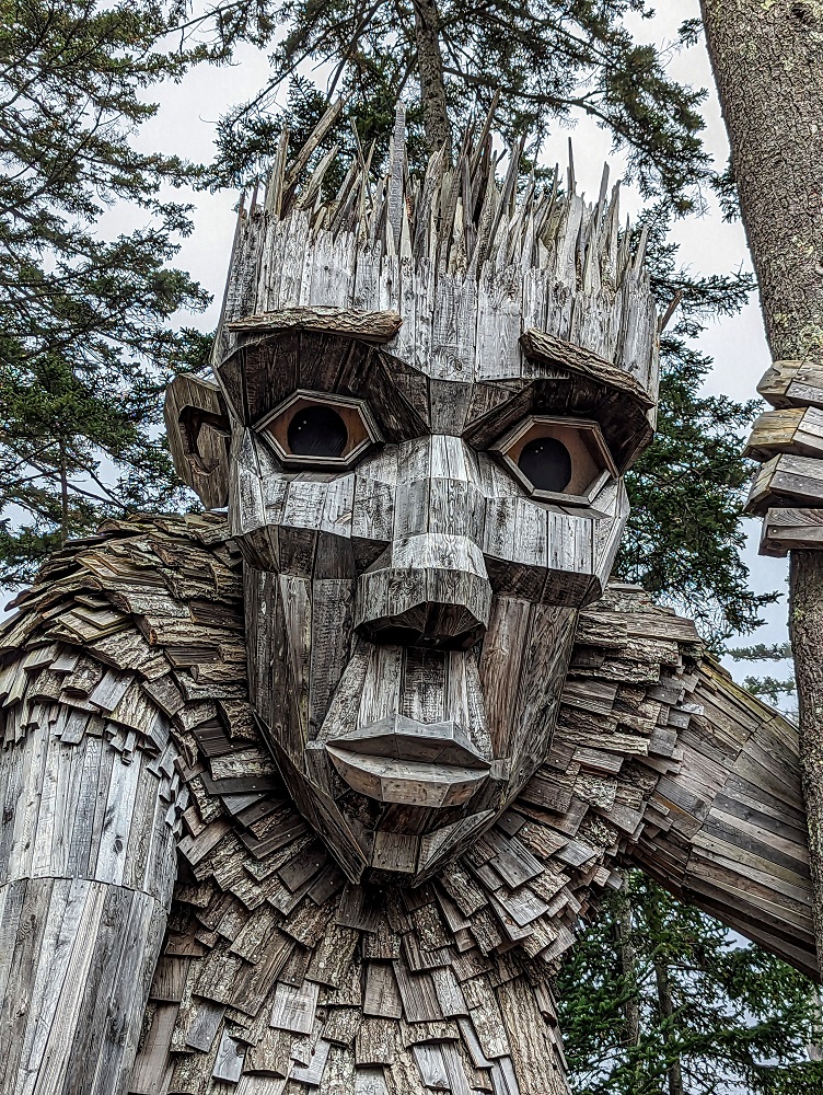 Roskva's face - Thomas Dambo troll at Coastal Maine Botanical Gardens Guardians of the Seeds