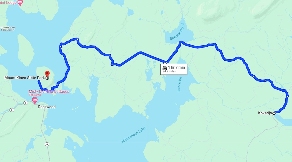 The driving route from Kokadjo to Mount Kineo State Park