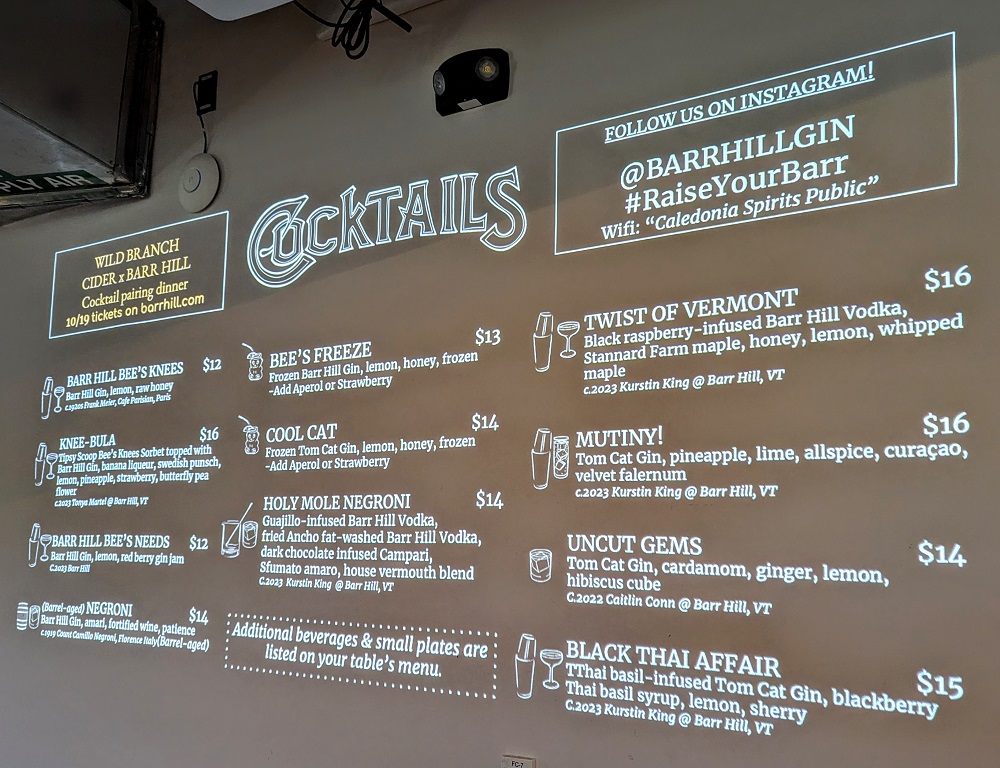 Barr Hill cocktails menu