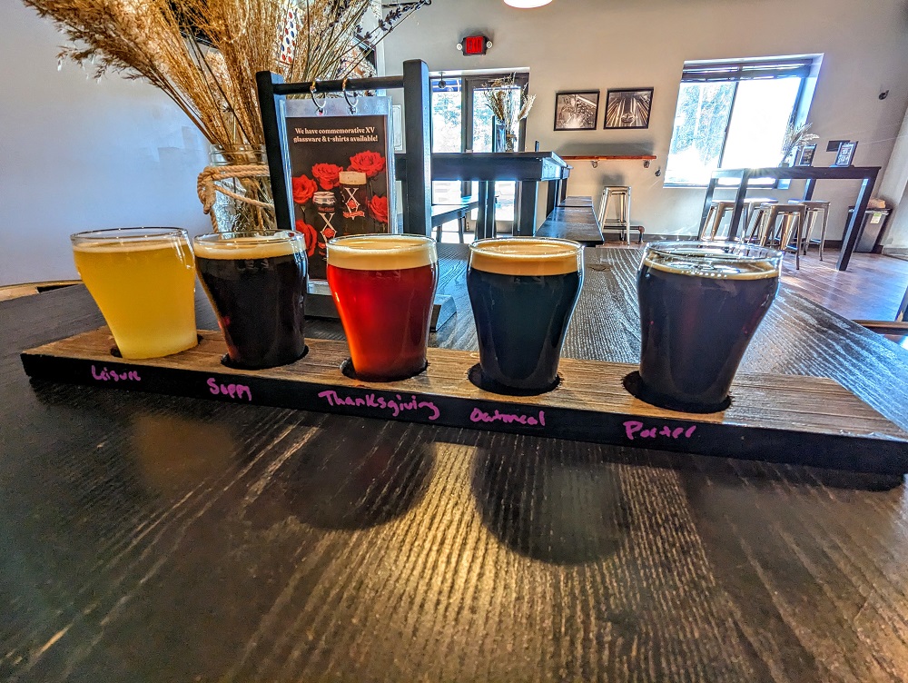 Beer flight at Mayflower Brewing Co in Plymouth, MA