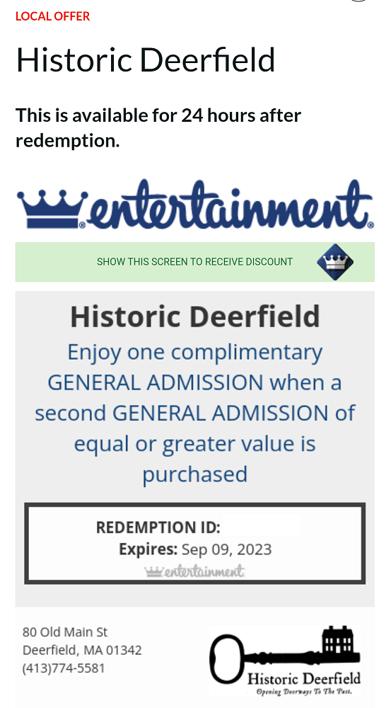 Historic Deerfield BOGO ticket via AARP Rewards