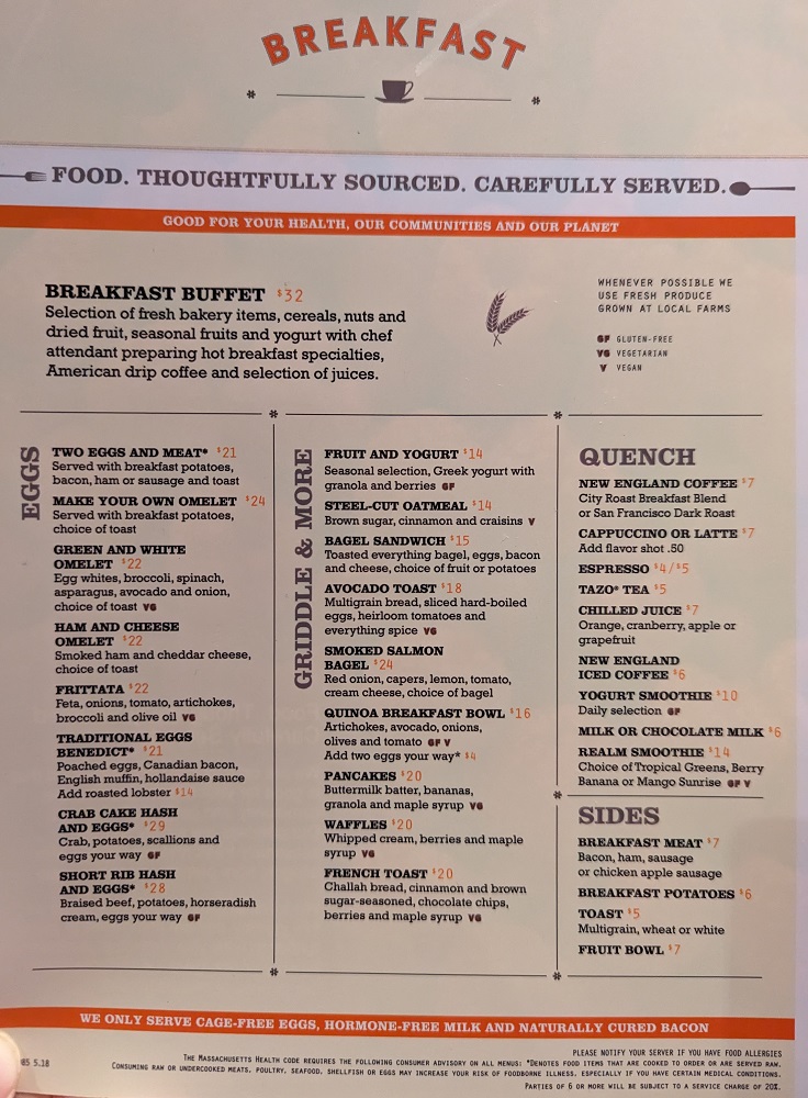 Hyatt Regency Boston - Breakfast menu