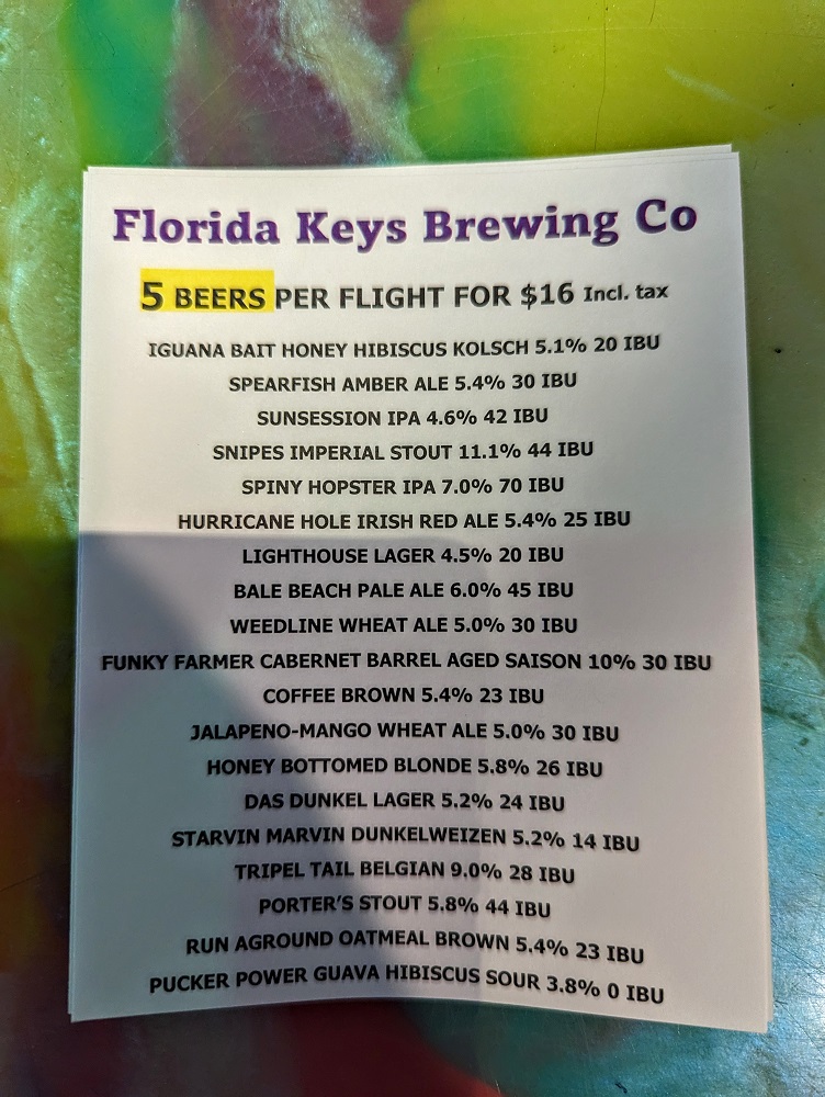 Florida Keys Brewing Co beer menu