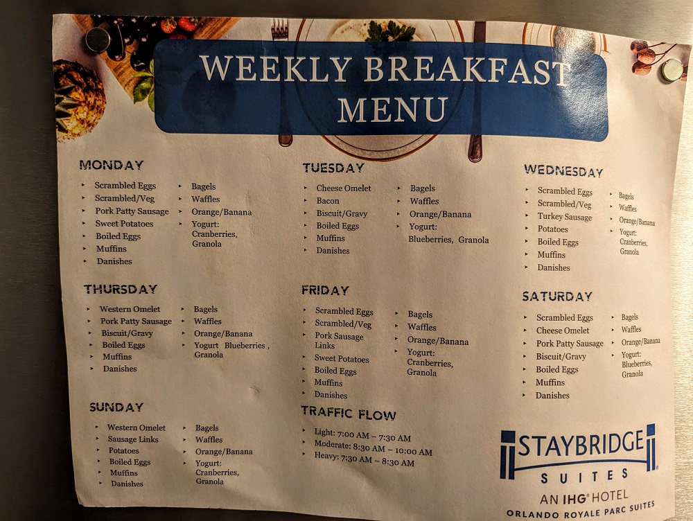 Staybridge Suites Orlando Royale Parc Suites - Weekly breakfast menu