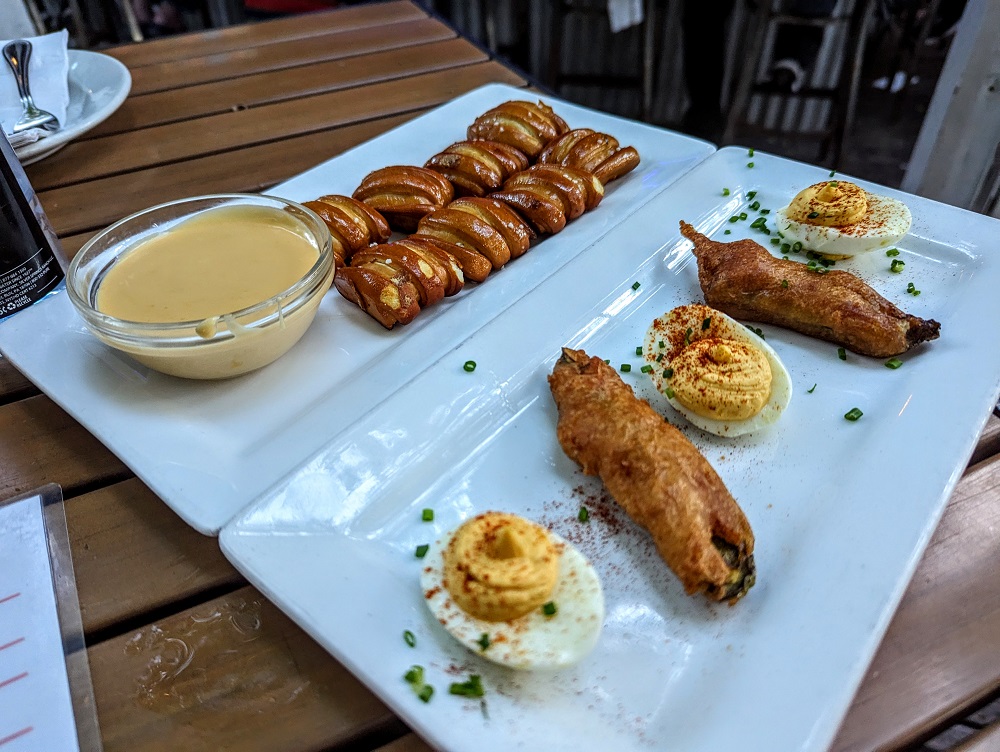 First Flight Island Restaurant & Brewery in Key West - Pretzel bites & deviled eggs with fried jalapenos