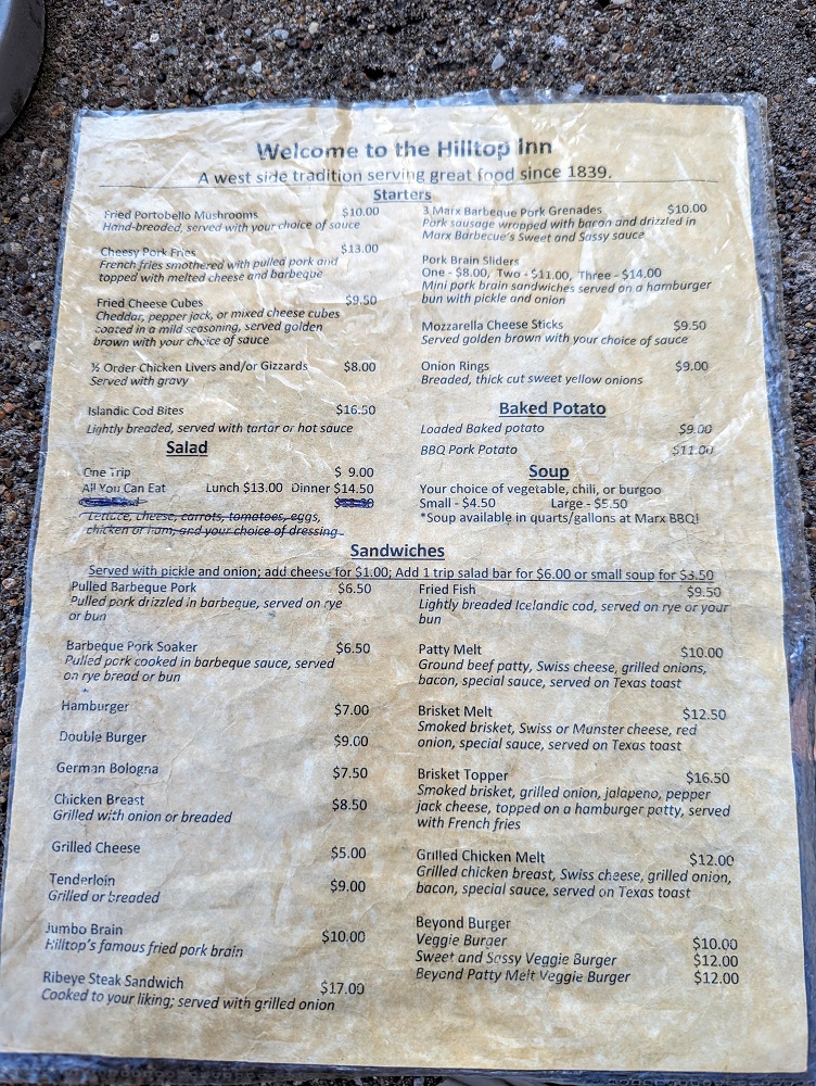 Hilltop Inn menu in Evansville, IN 1