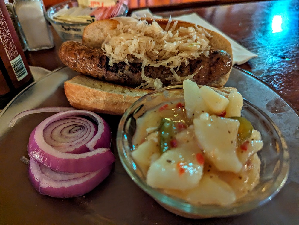 New Harmony, IN - Bratwurst with potato salad at The Yellow Tavern