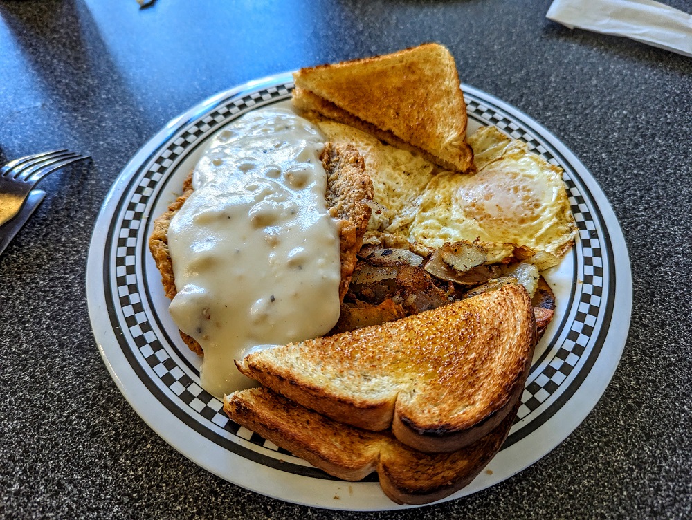 New Harmony, IN - Country fried steak-n-eggs at The Main Cafe